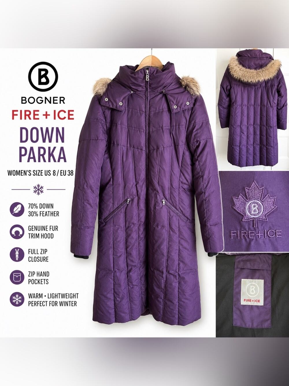 Bogner FIRE+ICE Purple Down Parka Coat Women’s 8 EU 38 Fur Trim Hood Long Puffer